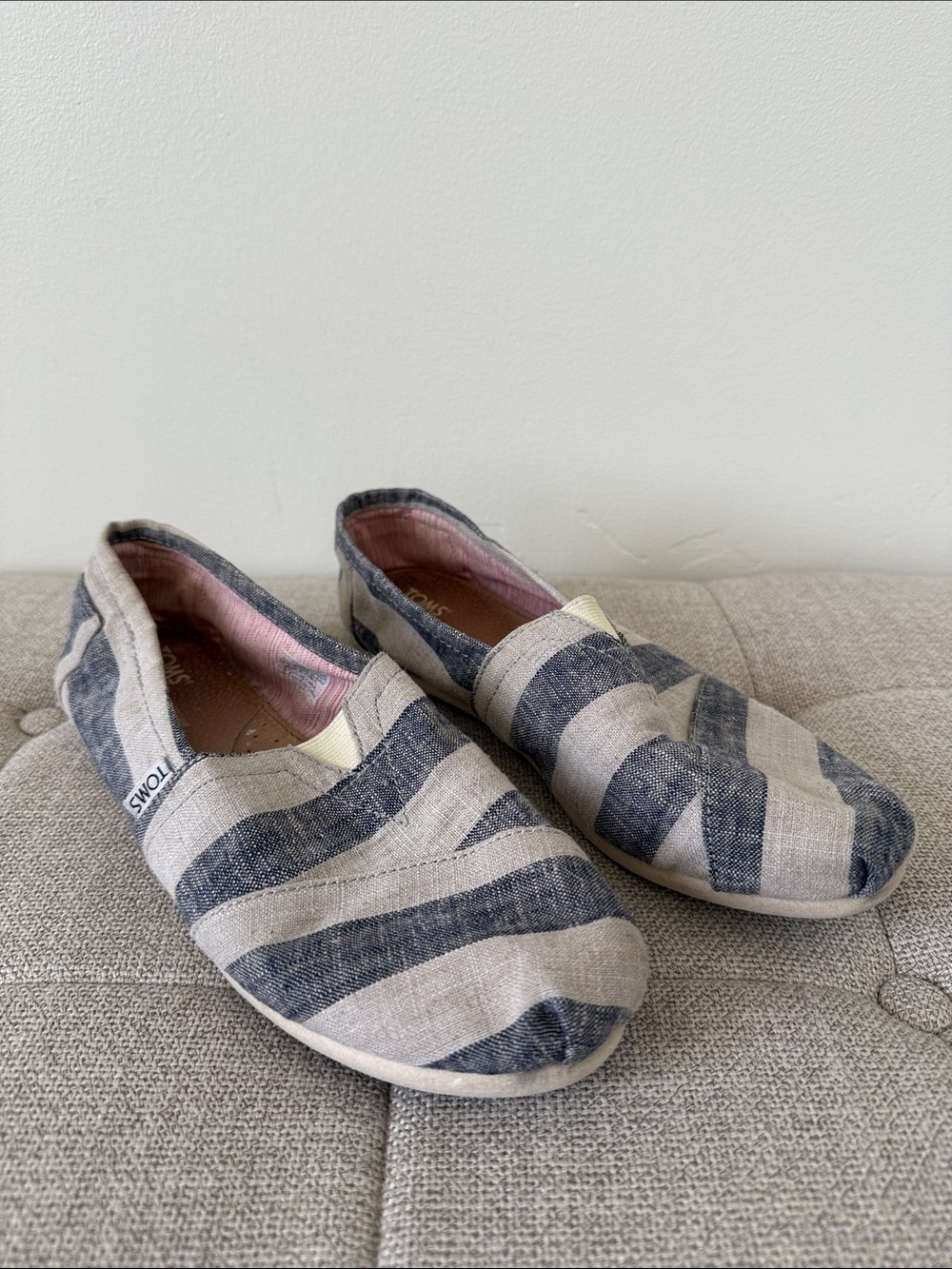 Striped Canvas Slip On Flats TOMS Blue Cream Alpargata Loafers Coastal Grandma 8